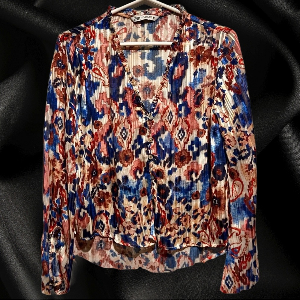 2 for $25.00 Zara Ruffled Abstract Semi Sheer Top